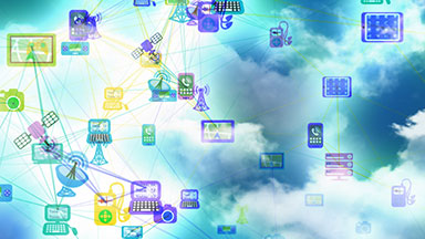 Loop of network of digital devices with clouds background